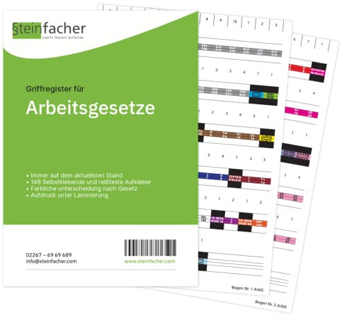 Steinfacher Griffregister für ARBEITSGESETZE - 148 bedruckte Aufkleber, inkl. Einklebeschablone für gebundene Textausgaben (ohne Folien | fest | ohne Überschrift)
