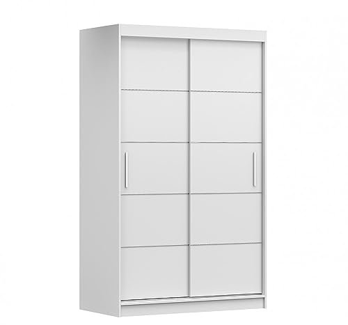 E-MEUBLES Armoire de Chambre avec 2 Portes coulissantes + eléments décoratif en aliminium | Penderie (Tringle) avec étagères (LxHxP): 120x200x61 Noah 06 (Blanc + Blanc)
