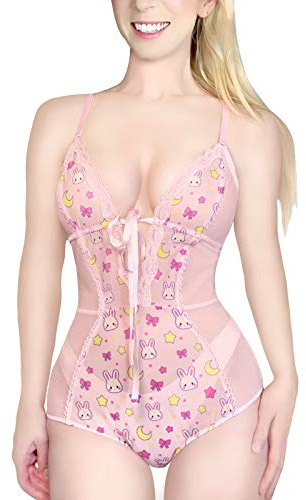 LittleForBig Femme Vêtements de nuit en Filet dentelle col V Usagi Une pièce Baby Doll Lingerie Bodysuit Rose XL