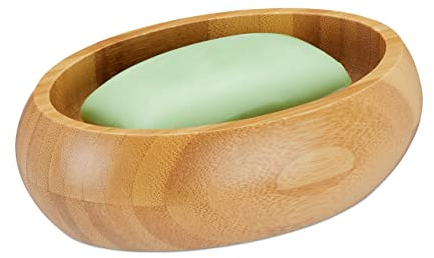 Relaxdays Seifenschale, Bambus, mit Ablauf, feuchtigkeitsresistent, ovale Seifenablage, HxBxT: 4,5 x 14 x 10 cm, Natur