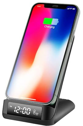 KSIX Base de Carga, Despertador, Cargador inalámbrico 15W, Alarma, 24 Horas, Negro Brillo