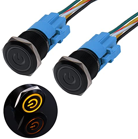 JIQI 2× 19mm Momentane wasserdichte Druckschalter 12V bis 24V 3A EIN/AUS Taste Schalter mit LED Beleuchtung Schwarzes Metallgehäuse vorverdrahte Momentary Drucktaster für KFZ DIY Auto Motorrad(Gelb)