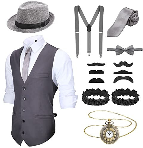 SATINIOR 1920er Jahre Herrenkostüm 20er Jahre Zubehör Outfit mit Gangster Weste Fedora Hut Vintage Taschenuhr Hosenträger (Grau, XX-Large)