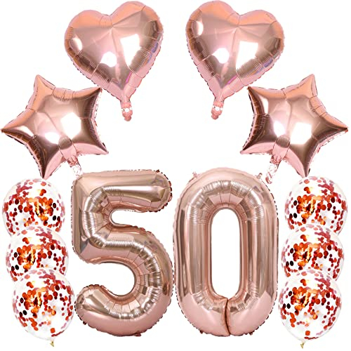 Feelairy Luftballons Zahl 50 Rosegold Folienballon Nummer 50, Helium Ballons Herz Sterne Roségold, Ballons Konfetti Rosegold, Zahlenballon 50 für Geburtstag Frauen Party Deko