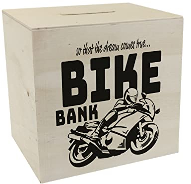 Bike Bank Spardose aus Holz in schwarz zum Thema Motorradkauf und Motorrad Fahren schöne Sparbüchse Geschenk für Sparfüchse die Träume eines Bikers mögen oder Sich ihren eigenen
