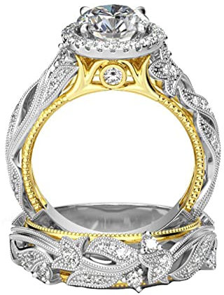 Jeulia 4 Karat Damen Ring 925 Sterling Silber Hochzeitssets Rose gold Rundschliff Halo Verlobungsring Weiß Diamantband CZ Solitaire ​Jahrestag Verlobungsring (50（15.7）, Gold)