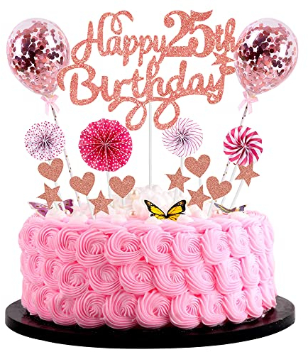 Rosa 25. Geburtstag Frau Kuchen Deko Topper - Happy Birthday Tortendeko mit Rosegold Akzenten