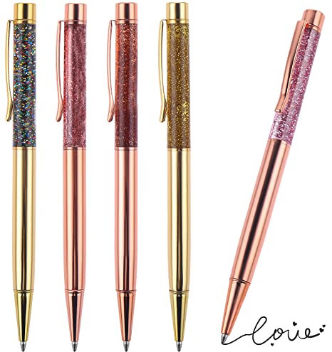 5Pcs Fancy Ballpoint Pens for Women, Cute Rose Gold Ballpoint Pens Metal Pen Bling Dynamic Liquid Sand Decorative Writing Pen, Black Ink Medium Point 0.5mm Office School Supplies Students Kids Gift