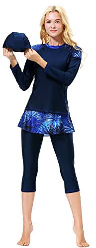 OBEEII Muslimische Bademode Badeanzug Full Cover Bescheidene Badebekleidung Modest Muslim Swimwear Beachwear Burkini Langarm Tops und Hose mit Hijab Navy02 Large