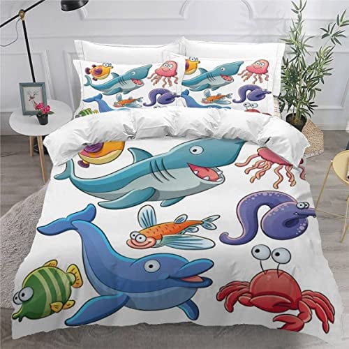 VASENA Bettwäsche Wasserlebewesen Bettwäsche 135x200 Kinder Niedlicher Cartoon-Fisch Bettbezug Set Weich Microfaser Kinderbettwäsche 3 Teilig Mit ReißVerschluss Mit 2 Kissenbezug 80x80 cm