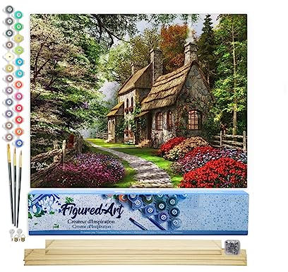 Figured'Art Malen Nach Zahlen Erwachsene Mit Rahmen Hütte auf dem Land - Paint by Numbers Basteln DIY Bastelset 40x50cm Mit Keilrahmen (nicht gespannt)