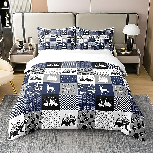 Rustikale Bauernhaus 100% Baumwolle Bettbezug 135x200,Retro Wald Elch Tröster Bezug,Land Bär Hirsch Patchwork Bettwäsche Set,Jagd Wild Tier Plaid Abenteuer Quilt Cover für Schlafzimmer,Blau Grau