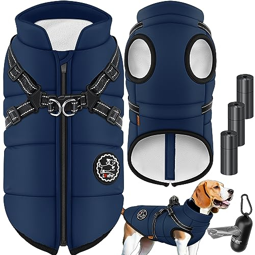 LOVPET® Hundejacke Hundemantel mit Geschirr, inkl. 45 Stück Kotbeutel + Spender, Hunde Winterweste gefüttert wasserdicht, Gepolsterte Weste Mit Brustgurt, Reflektoren, D-Ring 2XL, Navyblau
