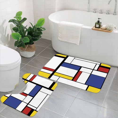 DHAEY 2-teiliges Badteppich-Set & U-förmiger Toilettenteppich,Bunte Rechtecke im Mondrian-Stil,Bedruckte rutschfeste Duschvorleger90X60cm+50X40cm