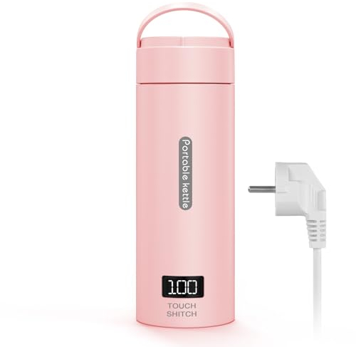 Flintronic Bouilloire Electrique Portable, 3 en 1 Mini Bouilloire, 380ML Bouilloire, Mug de Voyage Chauffant, Bouilloire en Acier Inoxydable pour Thé Lait Café (Rose)