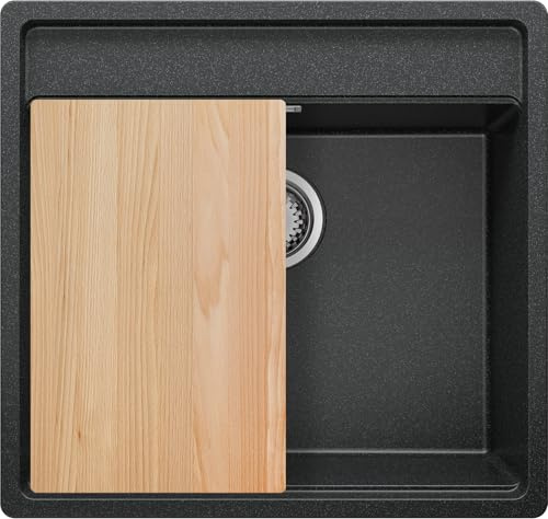 PRIMAGRAN Unterbauspüle ab 60er Unterschrank + Ablauf-Set, 56x53cm | Set: Ablauf-Set (Siphon, Ablaufgarnitur, Überlauf) + Schneidebrett + Spülbecken 1 Becken - Bergen Low Cut Top, Anthrazit