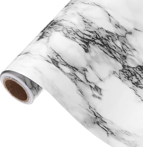 sourcing map Papier peint autocollant effet marbre imperméable pour comptoir de cuisine, armoire, salle de bain, pierre noire sur blanc, 80 x 500,4 cm