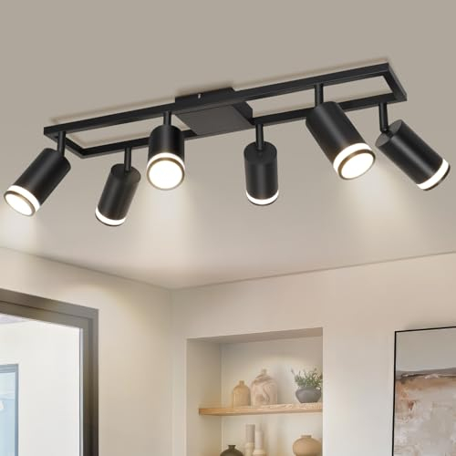 Dehobo LED Deckenstrahler 6 Flammig Schwarz GU10, Deckenlampe Strahler Schwenkbar 350°, Deckenspots für Küche Schlafzimmer Wohnzimmer, Ohne Leuchtmittel