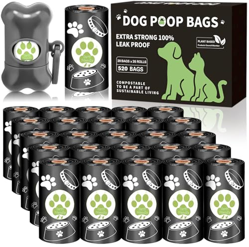 JEDWKFA 520 Pcs Hundekotbeutel, Kotbeutel für Hunde, Dog Poop Bags, 26 Rollen Kackbeutel für Hunde + 1 Hundekotbeutelspender, Auslaufsicher, Tragbar Hundebeutel Kot, 30 x 22 cm, Schwarz