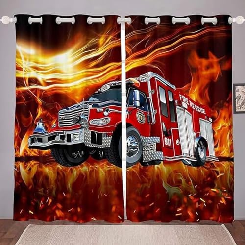 ZZTBQ Feuerwehrauto 100% Blickdichter Vorhang Mit Ösen, Feuerwehrauto Auto Karikatur Rote Feuerwehr 2 Stück Verdunkelungsvorhang 234x183cm Für Jungen Mädchen Kinder Schlafzimmer