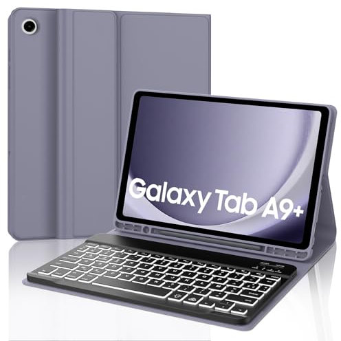 JADEMALL Coque Clavier pour Samsung Galaxy Tab A9+ 11 2023, AZERTY Français Clavier Rétro-éclairé Bluetooth Détachable pour Galaxy Tab A9 Plus 11 2023, Violet