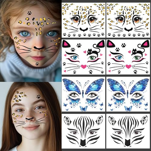 8 Blätte Halloween Tattoo Leopard Kostüm Kinder, Halloween Tattoo Gesicht katzenkostüm kinder Temporäre Tattoos Glitzer Leopard Gesichtstattoo Halloween Aufkleber Gesicht (8 PCS Tier Tattoo)