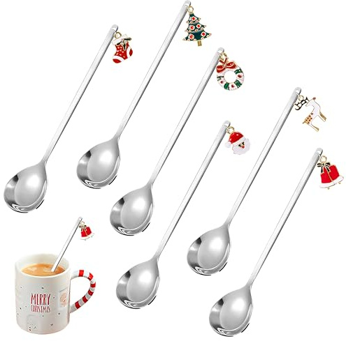 AYMQC Cuillères à Café de Noël Cuillères à Dessert en Acier Inoxydable avec Pendentifs de Noël Ensemble de Cuillères de Noël avec Boîte Cadeau 6 Pièces (Argenté)