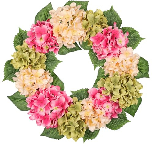 50cm Künstliche Hortensie Kranz Faux Blume Kranz, Faux Rosa Beige Grün Hortensie Dekorativen Kranz für Haustür, Mantel, Wand, Bauernhof Deko