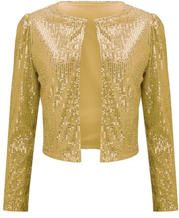 Damen Pailletten Bolero Glitzer Jacke Damen Festliche Bolerojacke Disco Langarm Beschnitten Pailletten Blazer Damen Bolero Cocktail Party Shrug Strick Bolero Zum Abendkleid(Gold,XL)
