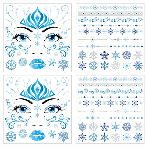 HOWAF 4 Bogen Gesichtstattoo Karneval Eiskönigin Temporäre Tattoos, Face Tattoo Eiskönigin Schneeflocke, Gesichtstattoo Halloween für Frozen Halloween Kostüm, Karneval Fasching Kostüm