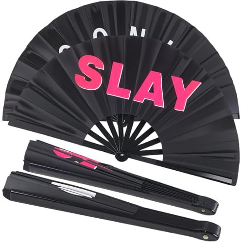 Plzoslly 2 Pack Large Folding Hand Fan Men/Women Rave Fan, Chinese Kung Fu Tai Chi Hand Fan Black Vintage Foldable Hand Fans for Dancing, Festival, Gift, Home Decorations(Iconic & SLAY)