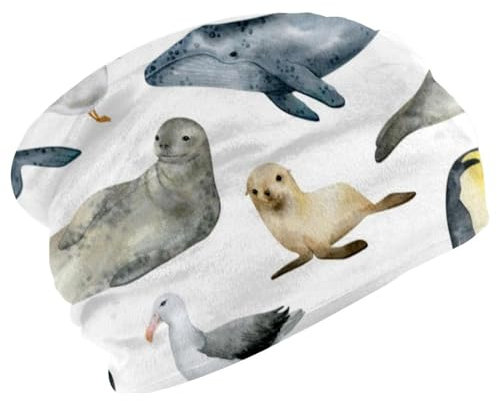 Beanie-Mütze für Damen und Herren, Unisex, dehnbare Schädelmützen, weicher Samt, Wintermütze, Beanie zum Laufen, Radfahren, Antarktis, Pinguin, Robbe, Wal, Vogel, multi, Einheitsgröße