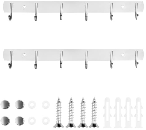 Lot de 2 patères de cuisine avec 6 crochets en acier inoxydable - 32 cm - Porte-manteau mural pour cuisine, salle de bain - Avec 3 crochets transparents de 6 x 6 cm