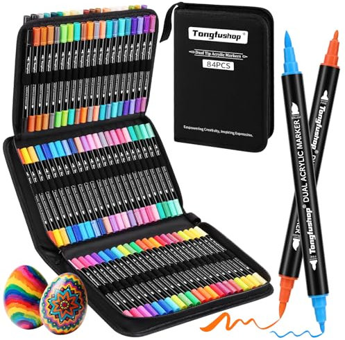 Tongfushop 84 Colores Rotuladores Acrilicos, Marcadores Acrilicos Doble Punta, Rotuladores de Pintura Acrílica para Adultos, Acrylic Markers para Pintar, Roca, Cristal, Cerámica, Plastico, Tela, Metal