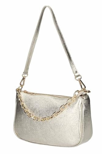 Made in Italy Damen Leder Tasche Pochette mit Kette Schultertasche Handtasche City Bag Umhängetasche Clutch Ledertasche Bodybag Schmucktasche Crossbody Cross-Over Gold