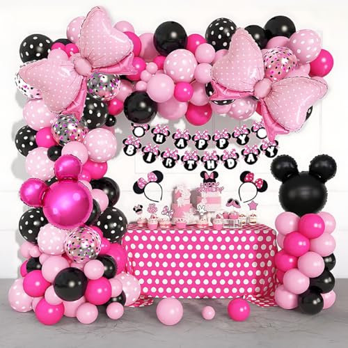 Set de Globos Decoracion Cumpleaños Niña. Decoracion Cumpleaños Princesas Globos Rosa Negro Blanco, Lazos y Orejas de Ratón. Baby Shower Niña Princesas y Primera Comunión Niñas