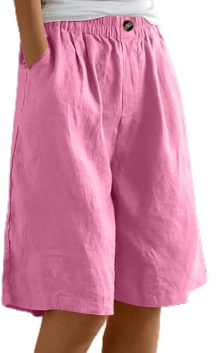 Pantaloncini estivi da donna in cotone e lino, vestibilità larga, con elastico in vita, lunghezza al ginocchio, bermuda casual a gamba larga, pantaloni corti da spiaggia con tasche, Rosa acceso, XXL