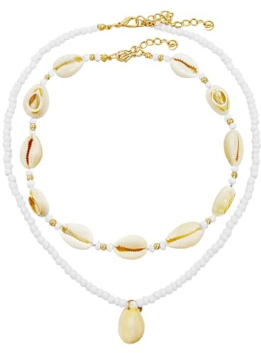 LQTSLFM 2 Stück Muschelkette Set,Muschelkette Damen,Muschelkette Damen Sommer Schmuck Natural Shell Choker Halskette Strandresort-Stil Muschel Kette