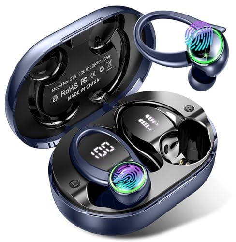 Wireless Earbuds, Bluetooth 5.4 Headphones with 4 ENC Noise Canceling Mic, 50H Playtime Stereo Wireless Earphones with LED Display, Over Ear Buds with Earhooks, IP7 Waterproof for Sport, Deep Blue
