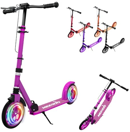 MEE GOO Faltbarer Roller für Kinder und Erwachsene, höhenverstellbarem Lenker, Doppelbremsen, 8 Rädern, rutschfestem Deck, bis 100kg (220lbs) (Rosenrot)
