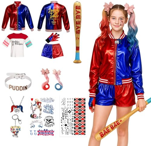 JrnSvp Costume d'Halloween pour enfant - Lot de 11 pièces - Pour fille - Costume de clown pour enfant - Pour carnaval, cosplay, Halloween (120 cm, 130 cm, 140 cm)