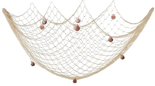 Fischernetz Deko 1m x 2m Fischernetz Dekoration mit Muscheln, Mediterranen Stil Netz Deko, Nautisches Fischnetz Wandbehänge für Zuhause, Schlafzimmer, Strandparty (Beige)