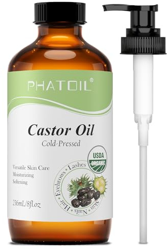 PHATOIL Huile de Ricin Bio pour Cheveux, Cils, Sourcils, Peau, Ongles 236ML | Organic Castor Oil 100% Naturelle Pure, Pressée à Froid, Sans Hexane, Vegan & Cruelty Free - Huile de Ricin pour Barbe, Corps