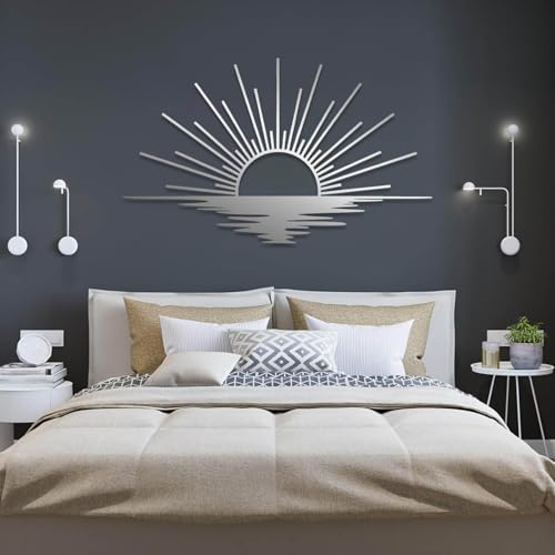 Schwarzes Metall Wanddeko mit Sonnenaufgang, Metall Wanddeko Schwarz abstrakte Sonne, Wand Deko Wohnzimmer Metallbilder für Wanddekoration Wohnzimmer, Schlafzimmer, Flur und Treppe, Natur-Wohndekor