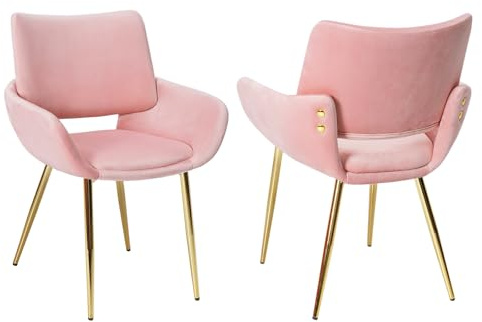ELUCHANG Chaise Salle a Manger Lot de 2 avec accoudoirs, Rose Velours, Pieds en métal doré, Idéal pour Salle à Manger Cuisine Dressing Coiffeuse, Jusqu’à 150 kg