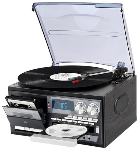 Vinyl Record Player with Bluetooth, 3 Speed Turntable with Cassette CD Player, Built In Speakers FM Radio USB Music Center with Dust Cover for Home Audio
