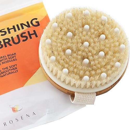 Cepillo corporal para cepillado en seco - Lo mejor para exfoliar la piel seca, el drenaje linfático y el tratamiento de la celulitis - Cepillo exfoliante con cerdas naturales de jabalí