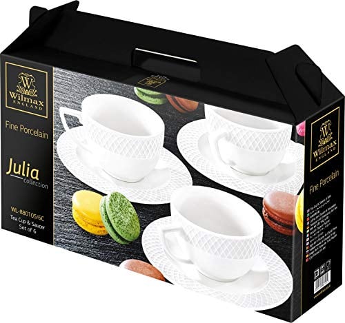 Wilmax - Set di 6 tazze da tè e piattini in scatola di colore, lavabili in lavastoviglie, facili da pulire, in porcellana inglese