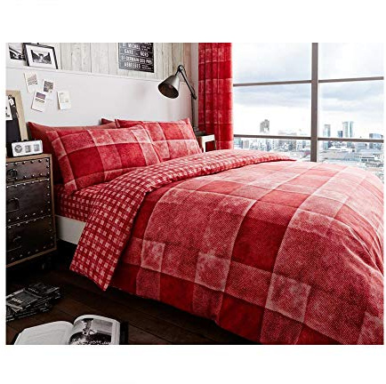 De Lavish Duvet Cover Set King Size Bed with Pillowcases Quilt Printed Reversible Poly Cotton, Denim Check Red