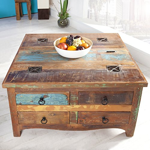 cagü Couchtisch & Truhe Borneo 4 Schubladen recyceltes Teak massiv Holz 70cm x 70cm